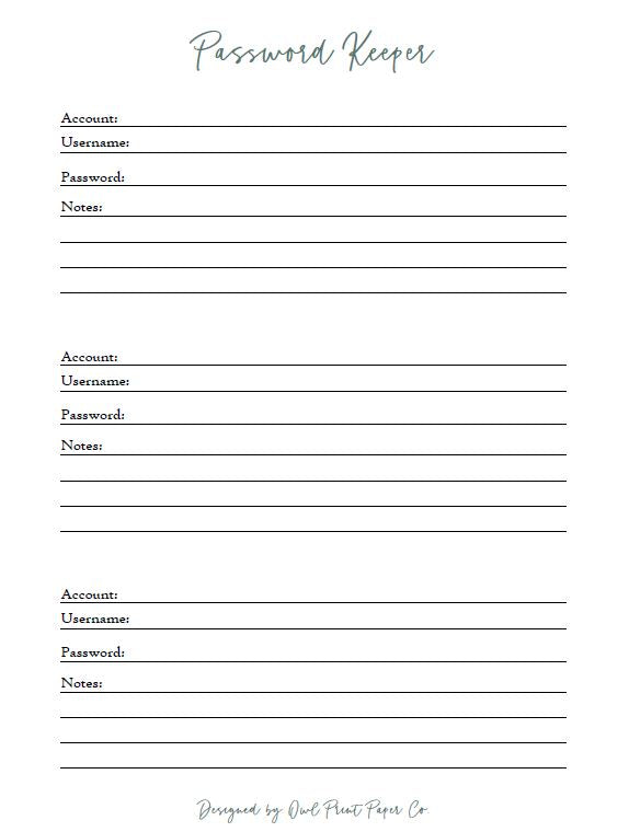 Password Keeper Planner Insert Printable