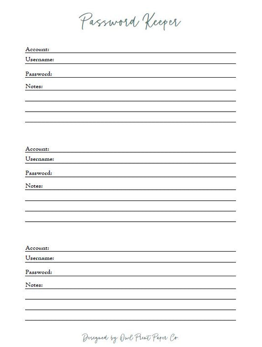 Password Keeper Planner Insert Printable